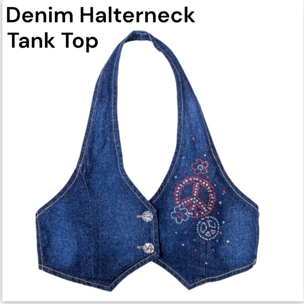 Dark Blue Wash Denim Crystal Embellished Halter-neck Tank Top Size Medium